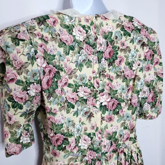 Vintage Floral Cottage Core Prairie Dress 11 12 Yellow Puff Sleeve Pink Blue - Picture 6 of 7